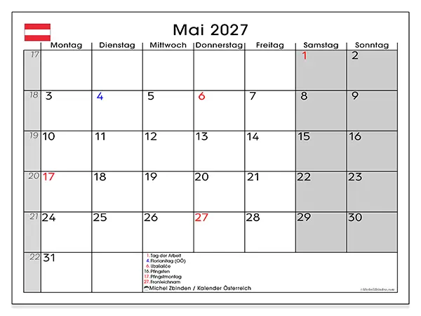 Kalender Mai 2027 zum Ausdrucken - Österreich
