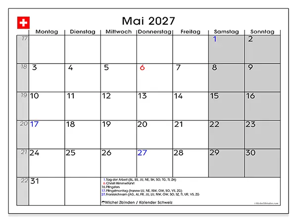 Kalender Mai 2027 zum Ausdrucken - Schweiz