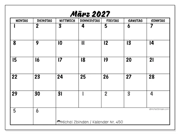 Kalender März 2027 zum Ausdrucken - Detaillierte Schulplanung