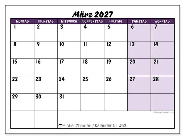 Kalender März 2027 zum Ausdrucken - Farbige Lernplanung