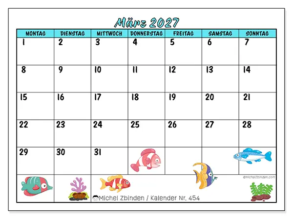 Kalender März 2027 zum Ausdrucken - Bunte Fische