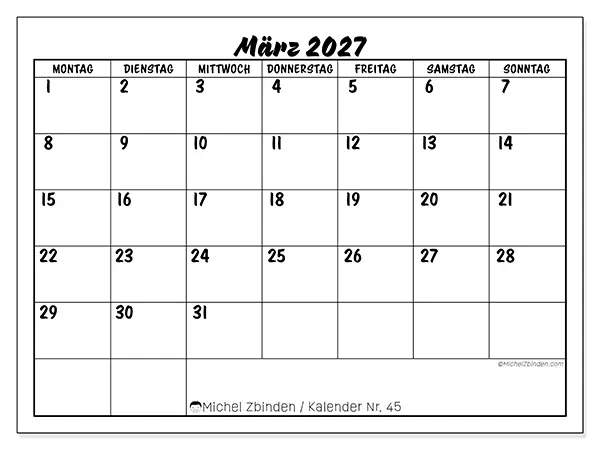 Kalender März 2027 zum Ausdrucken - Schulischer Erfolg