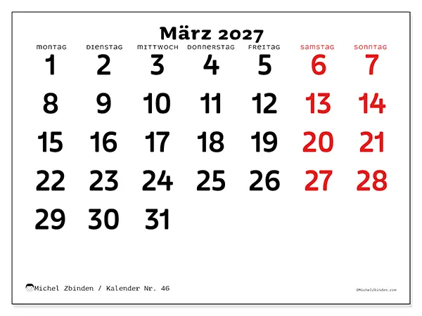 Kalender März 2027 zum Ausdrucken - Klare Übersicht