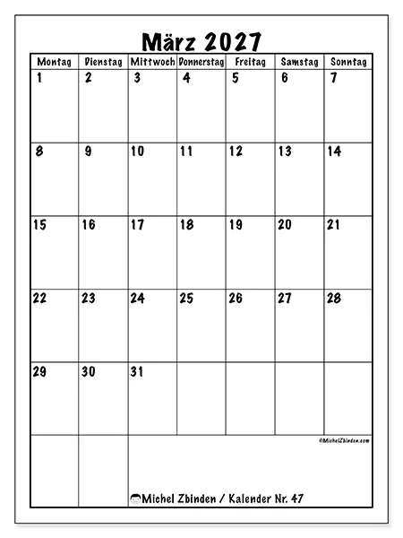 Kalender März 2027 zum Ausdrucken - Planung im Hochformat