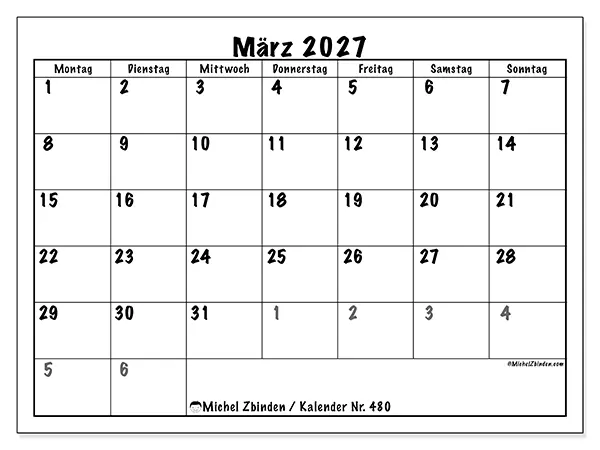 Kalender März 2027 zum Ausdrucken - Vollständige Planung