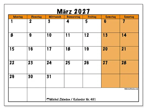 Kalender März 2027 zum Ausdrucken - Dynamische Planung