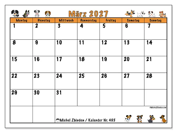 Kalender März 2027 zum Ausdrucken - Begeisterte Hunde