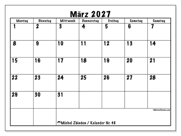 Kalender März 2027 zum Ausdrucken - Alltagsplanung