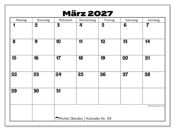 Kalender März 2027 zum Ausdrucken - Koordination im Arbeitsstil