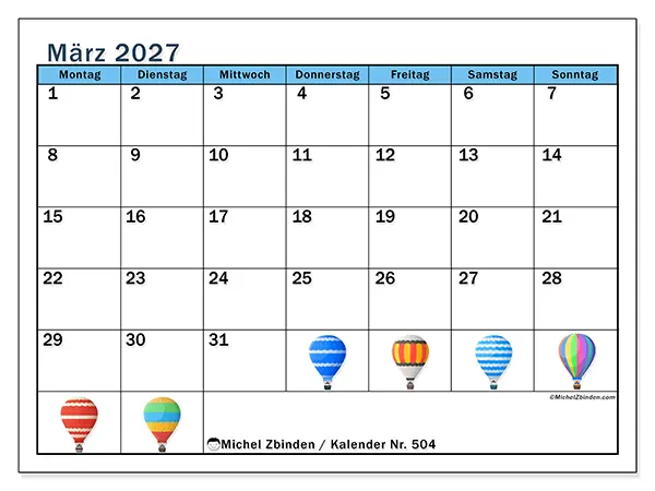 Kalender März 2027 zum Ausdrucken - Heißluftballons