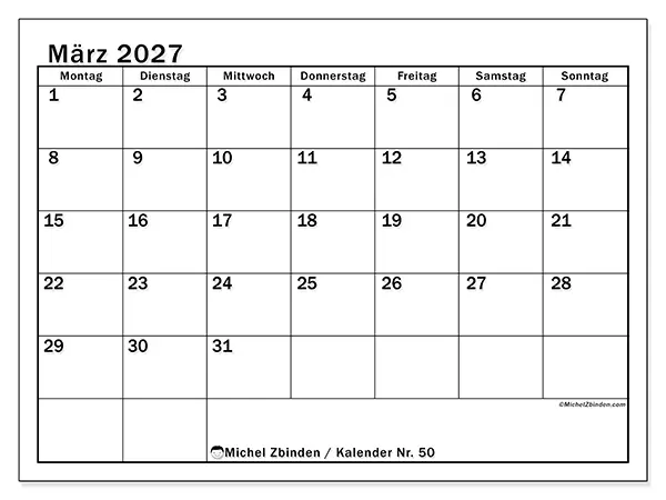 Kalender März 2027 zum Ausdrucken - Klassische Planung