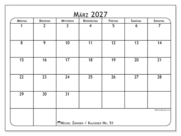 Kalender März 2027 zum Ausdrucken - Essensplan