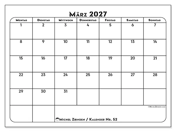 Kalender März 2027 zum Ausdrucken - Berufliche Planung