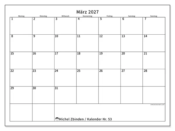 Kalender März 2027 zum Ausdrucken - Zeitplan