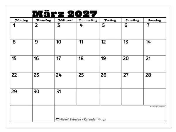 Kalender März 2027 zum Ausdrucken - Aktivitäten in der Familie