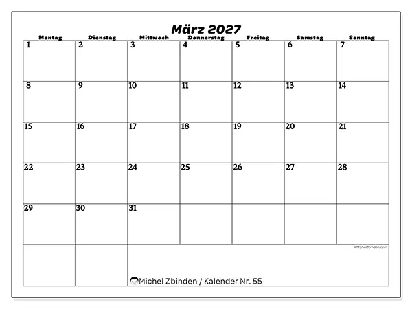 Kalender März 2027 zum Ausdrucken - Freizeitorganisation