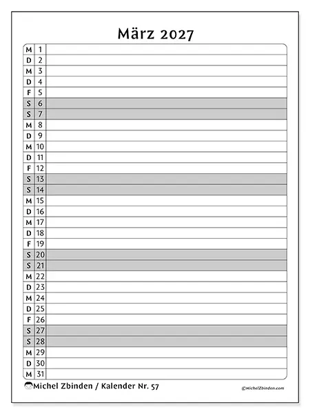 Kalender März 2027 zum Ausdrucken - Liste der Aktivitäten
