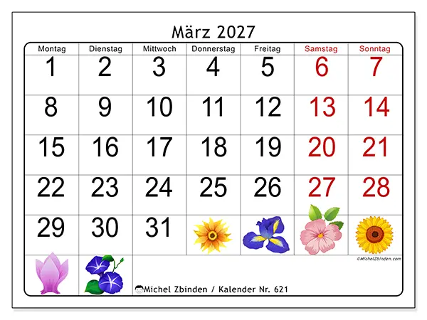 Kalender März 2027 zum Ausdrucken - Große Blumen