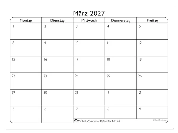Kalender März 2027 zum Ausdrucken - Arbeitswoche