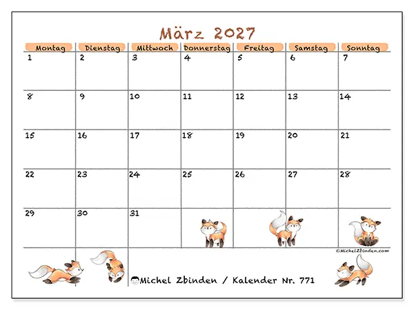 Kalender März 2027 zum Ausdrucken - Fuchszeichnungen
