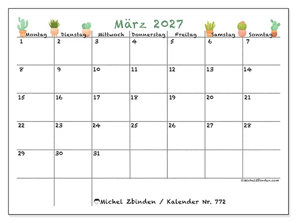 Kalender März 2027 zum Ausdrucken - Dekorative Kakteen