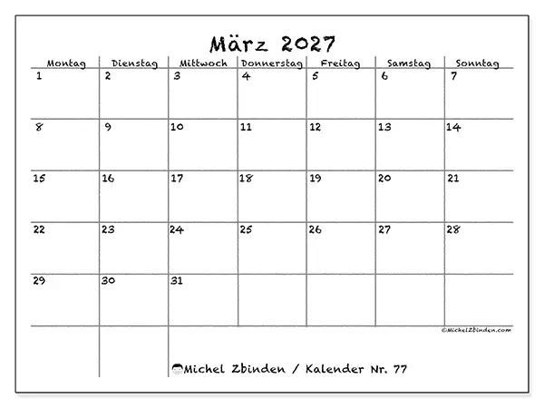 Kalender März 2027 zum Ausdrucken - Schule und Familie