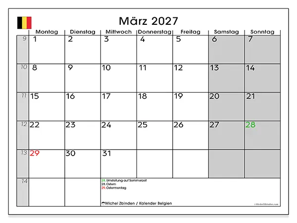 Kalender März 2027 zum Ausdrucken - Belgien