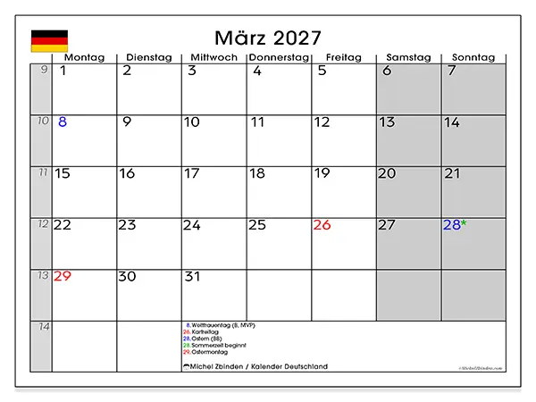 Kalender März 2027 zum Ausdrucken - Deutschland