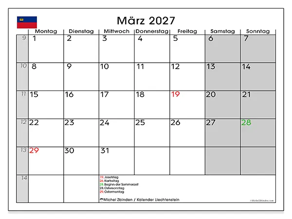 Kalender März 2027 zum Ausdrucken - Liechtenstein
