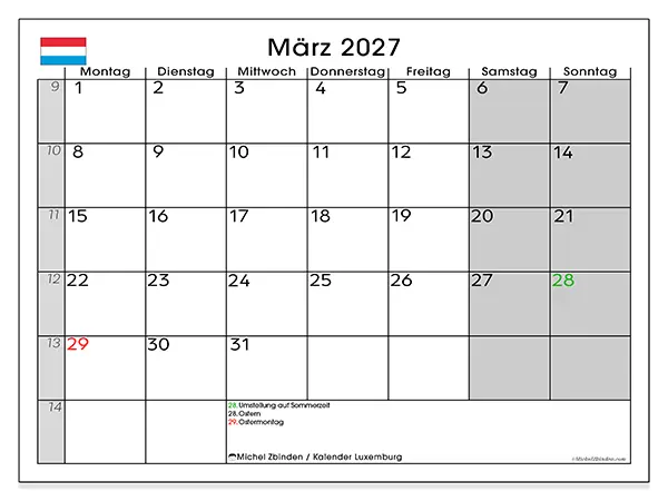 Kalender März 2027 zum Ausdrucken - Luxemburg