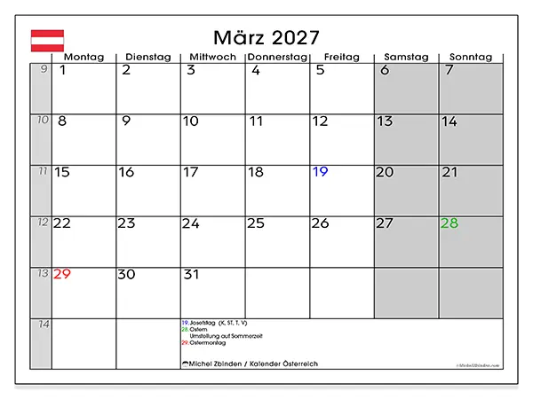 Kalender März 2027 zum Ausdrucken - Österreich