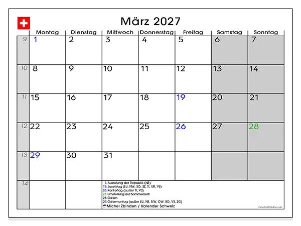Kalender März 2027 zum Ausdrucken - Schweiz