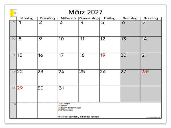 Kalender März 2027 zum Ausdrucken - Vatikan