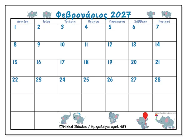 Ημερολόγιο Φεβρουαρίου 2027 για εκτύπωση - Μικροί ελέφαντες