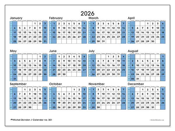 Printable Annual calendar 2026 - Ready for university - Week from Sunday to Saturday
