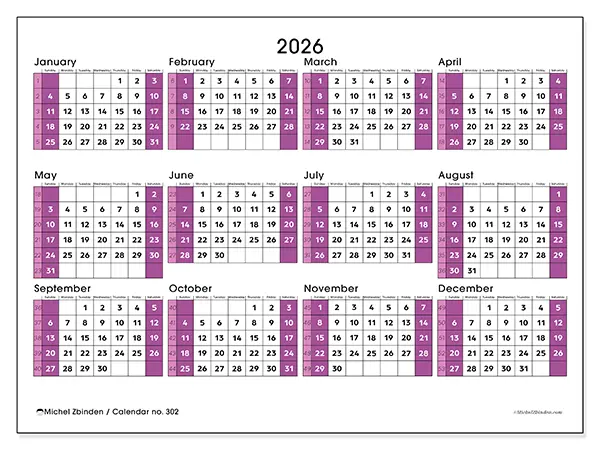 Printable Annual calendar 2026 - Dynamic office - Week from Sunday to Saturday