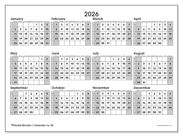 Printable Annual calendar 2026 - Complete organization - Week from Sunday to Saturday