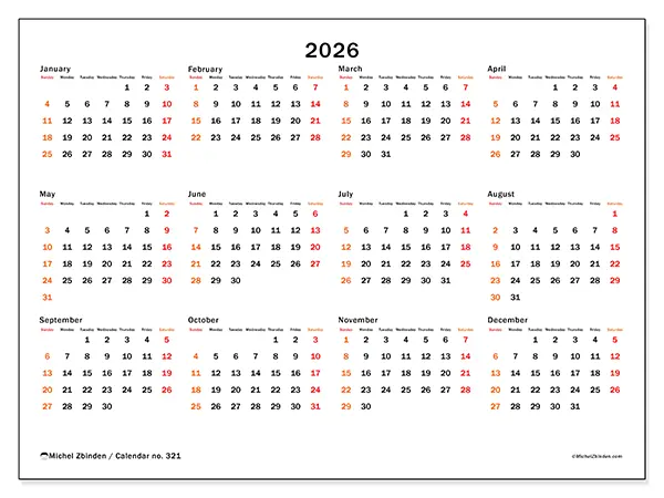 Printable Annual calendar 2026 - Weekend highlight - Week from Sunday to Saturday