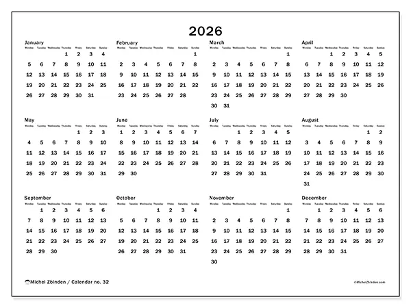 Printable Annual calendar 2026 - Global organization