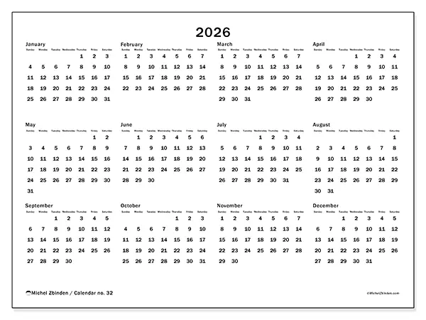 Printable Annual calendar 2026 - Global organization - Week from Sunday to Saturday