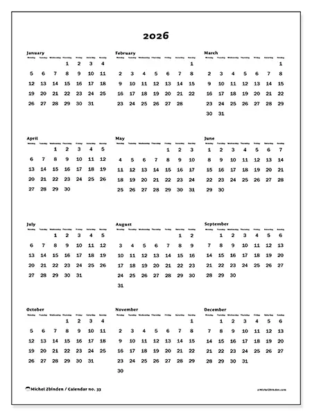 Printable Annual calendar 2026 - Global overview