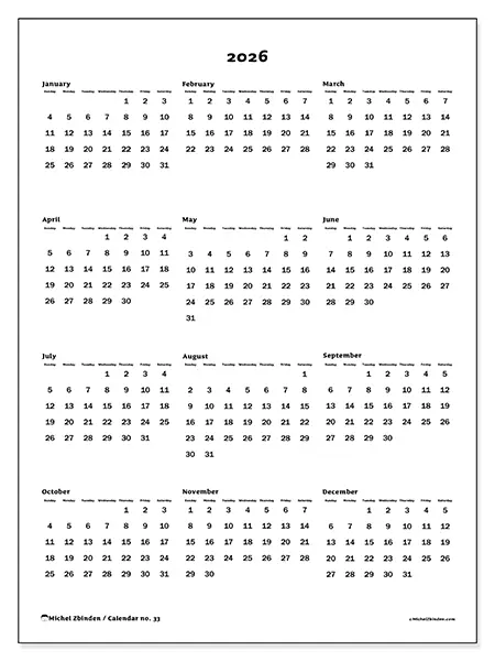 Printable Annual calendar 2026 - Global overview - Week from Sunday to Saturday