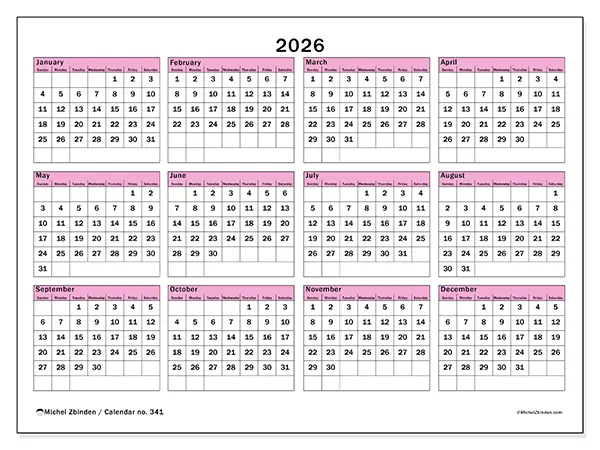 Printable Annual calendar 2026 - Planning and forecasting - Week from Sunday to Saturday