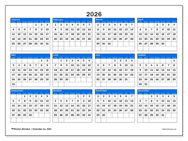Printable Annual calendar 2026 - Strategic overview - Week from Sunday to Saturday