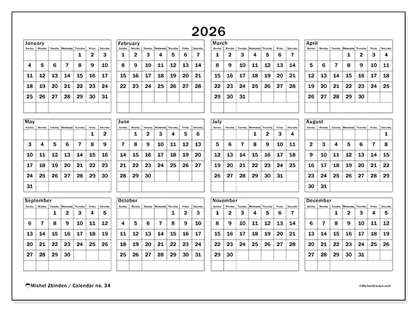 Printable Annual calendar 2026 - Vacations and leisure - Week from Sunday to Saturday