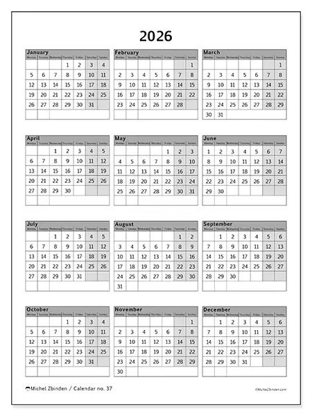 Printable Annual calendar 2026 - Clean and professional