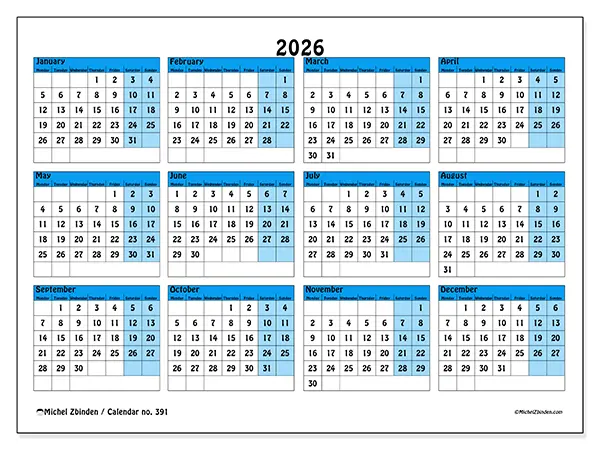 Printable Annual calendar 2026 - Organization in color