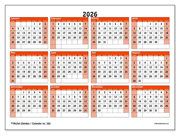 Printable Annual calendar 2026 - Colorful planning - Week from Sunday to Saturday