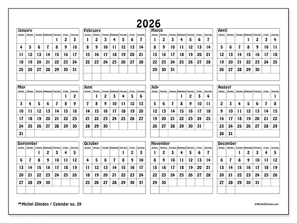 Printable Annual calendar 2026 - School and studies - Week from Sunday to Saturday