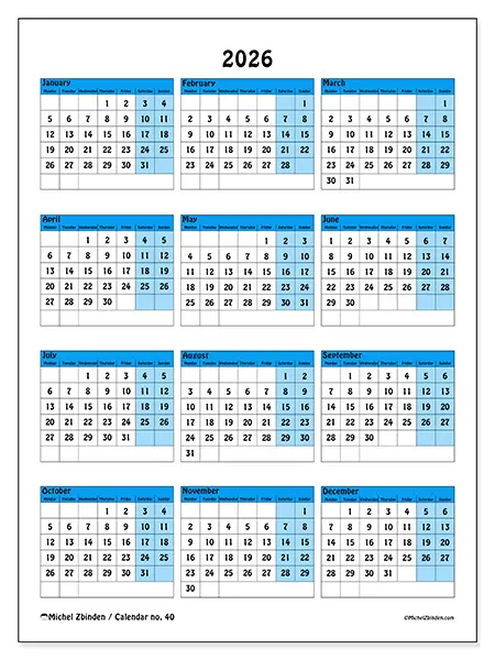 Printable Annual calendar 2026 - Colorful organization